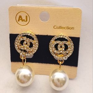 3 for $18 Gold Pearl Drop Earrings Designer Styled Rhinestone Circles CLIP ONs